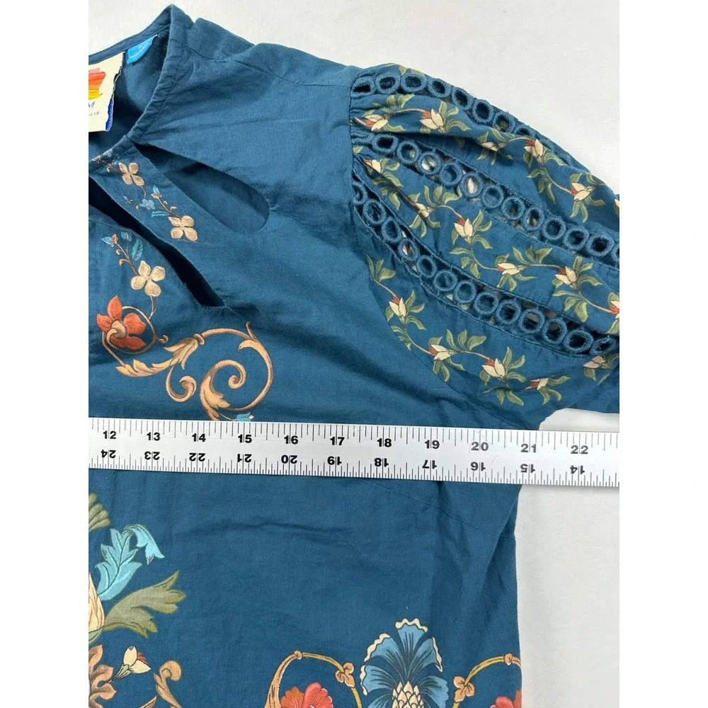 Farm Rio Cutout Blouse M Teal Blue Cutout Boho Peasant Anthropologie Romantic